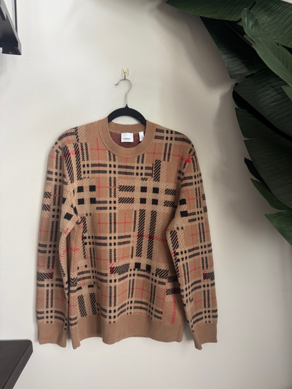 Burberry Tan Plaid Crewneck Sweater with Black and Red Accents